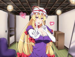 Rule 34 | 1girl, absurdres, blonde hair, blurry, blurry background, blush, breasts, ceiling light, choker, cleavage, dress, elbow gloves, gloves, hair ribbon, hat, hat ribbon, highres, index finger raised, indoors, koi dance, kyoukyan, large breasts, long hair, looking at viewer, mob cap, multi-tied hair, neck ribbon, pov, puffy short sleeves, puffy sleeves, purple dress, purple eyes, ribbon, ribbon choker, shelf, short sleeves, sidelocks, solo, tatami, touhou, tress ribbon, upper body, very long hair, white gloves, yakumo yukari