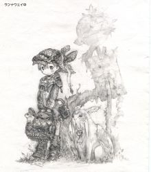 Rule 34 | androgynous, animal, armor, bag, bell, blush, boots, creature, gender request, graphite (medium), grass, helmet, holding, jingle bell, looking away, monochrome, outdoors, overgrown, road sign, sculpture, short hair, sign, simple background, sketch, solo, standing, traditional media, tree, tsukushi akihito, v arms