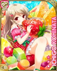 Rule 34 | 1girl, blonde hair, blue background, bow, braid, breasts, card, character name, cherry, closed mouth, dream, food, fruit, girlfriend (kari), green bow, hair ornament, hairclip, kiwi (fruit), kohinata ichigo, long hair, night, official art, orange (fruit), orange slice, outdoors, oversized food, oversized object, pink shirt, qp:flapper, red eyes, red skirt, shirt, sitting, skirt, smile, strawberry, tagme