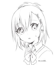 Rule 34 | 1girl, bafarin, bow, bowtie, cardigan, collared shirt, d:, gabriel dropout, greyscale, highres, lineart, monochrome, open mouth, school uniform, shirt, signature, simple background, solo, sweatdrop, vignette tsukinose april, twitter username, white background