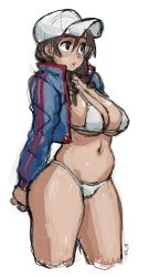 Rule 34 | 1girl, alternate hairstyle, arms behind back, baseball cap, belly, bikini, blue jacket, braid, breasts, brown hair, cleavage, cropped jacket, cropped legs, d.va (overwatch), hat, highres, jacket, kinuko (kinucakes), large breasts, lips, navel, overwatch, overwatch 1, shooting star d.va, sketch, solo, spaghetti strap, swimsuit, thighs, twin braids, underboob, white bikini, white hat