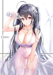 Rule 34 | 1girl, absurdres, age fx, ahoge, azur lane, black hair, bottle, breasts, character name, cleavage, closed mouth, cocktail dress, covered navel, cowboy shot, dress, earrings, flower, garter straps, glint, gluteal fold, hair between eyes, hair flower, hair ornament, hand on own thigh, highres, holding, holding bottle, jewelry, large breasts, long hair, looking at viewer, necklace, no panties, official alternate costume, plunging neckline, pouring, pouring onto self, red eyes, revision, see-through, see-through dress, side slit, smile, solo, taihou (azur lane), taihou (temptation on the sea breeze) (azur lane), thighhighs, thighs, very long hair, water bottle, white flower, white garter straps, white thighhighs, wristband