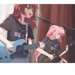 Rule 34 | 2girls, absurdres, blurry, blurry foreground, blush, bocchi the rock!, electric guitar, gibson les paul, gotoh hitori, green eyes, guitar, hair between eyes, highres, holding, holding instrument, indoors, instrument, kita ikuyo, long hair, microphone stand, multiple girls, music, one side up, open mouth, pink hair, playing instrument, red hair, shirt, short sleeves, skirt, yuan (ziranran)
