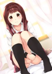 Rule 34 | 1girl, bashosho, bed sheet, black socks, blurry, blurry background, blush, brown eyes, brown hair, brown hairband, closed mouth, commentary request, curtains, depth of field, dress, dutch angle, hairband, highres, holding own wrist, hugging own legs, idolmaster, idolmaster million live!, idolmaster million live! theater days, kneehighs, long sleeves, looking at viewer, no shoes, panties, plaid, plaid dress, red dress, shirt, smile, socks, solo, sunlight, tanaka kotoha, thighs, transparent, underwear, unmoving pattern, white panties, white shirt, window