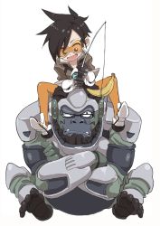 Rule 34 | 1boy, 1girl, absurdres, annoyed, banana, carrying, chibi, commentary, crossed arms, fangs, fishing line, fishing rod, food, fruit, glasses, goggles, gorilla, helmet, highres, overwatch, overwatch 1, short hair, shoulder carry, sitting on shoulder, squinting, tracer (overwatch), white background, winston (overwatch), yamamoto souichirou