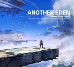 Rule 34 | 1boy, album cover, aldo (another eden), another eden, bird, black hair, blue sky, cat, cloud, cloudy sky, copyright name, cover, day, english text, floating city, floating island, flock, highres, landscape, official art, outdoors, scenery, sky, varuo (another eden)