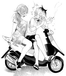Rule 34 | 2girls, absurdres, androgynous, breasts, character request, cigarette, closed eyes, commentary, crossed legs, delinquent, dress, flat chest, greyscale, highres, holding, holding cigarette, kimi ni aisarete itakatta, large breasts, monochrome, moped, motor vehicle, multiple girls, open mouth, shiori (moechin), short dress, short hair, shorts, sitting, smoke, surprised, symbol-only commentary