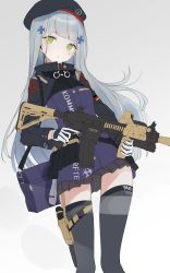 Rule 34 | 1girl, assault rifle, bad id, bad twitter id, beret, black hat, black thighhighs, blunt bangs, breasts, facial mark, girls&#039; frontline, gloves, green eyes, grey skirt, gun, h&amp;k hk416, hair ornament, hat, highres, hk416 (girls&#039; frontline), holding, holding gun, holding weapon, holstered, hor, jacket, long hair, looking to the side, magazine (weapon), medium breasts, military jacket, pleated skirt, rifle, silver hair, skirt, solo, teardrop, thighhighs, unfinished, weapon, white gloves