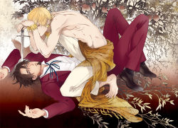 Rule 34 | 2boys, bad id, bad pixiv id, barefoot, blonde hair, blue eyes, bracelet, brown hair, earrings, facial hair, fate/zero, fate (series), gilgamesh (fate), goatee, jewelry, k29, male focus, multiple boys, necklace, pants, planted sword, planted, sarong, topless male, sword, tohsaka tokiomi, weapon