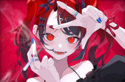 Rule 34 | 1girl, blue nails, cigarette, earrings, fangs, fingernails, goma irasuto, highres, holding, holding cigarette, jewelry, medium hair, nail polish, oni, original, red background, red eyes, red hair, ring, signature, twintails, upper body