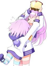 Rule 34 | &gt; &lt;, 2girls, blush, commentary request, doria (p f dolia), dress, food, hair between eyes, hood, hooded jacket, jacket, leg up, long hair, medium hair, multiple girls, nepgear, neptune (neptunia), neptune (series), open mouth, pudding, purple hair, sailor dress, siblings, simple background, sisters, smile, striped clothes, striped legwear, striped thighhighs, thighhighs, white background