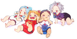 Rule 34 | 2boys, 2girls, aged down, all fours, ayanami rei, baby, baby bottle, bad id, bad pixiv id, blue eyes, blue hair, blush stickers, bottle, brown eyes, brown hair, diaper, drinking, hair bobbles, hair ornament, hair ribbon, ikari shinji, lcl, lying, matsuki ringo, multiple boys, multiple girls, nagisa kaworu, neon genesis evangelion, on back, one side up, open mouth, pacifier, plugsuit, rebuild of evangelion, red eyes, ribbon, silver hair, simple background, souryuu asuka langley, tears, tooth, wavy mouth, white background
