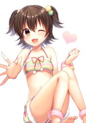 Rule 34 | 10s, 1girl, akagi miria, barefoot, bikini, bikini top only, black hair, blush, breasts, brown eyes, fur-trimmed bikini, fur trim, heart, highres, idolmaster, idolmaster cinderella girls, looking at viewer, navel, ntk (7t5), one eye closed, open mouth, pom pom (clothes), short hair, simple background, sitting, small breasts, smile, solo, swimsuit, twintails, two side up, white background