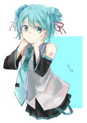 Rule 34 | 1girl, absurdres, alternate hairstyle, aqua background, aqua belt, aqua eyes, aqua hair, aqua nails, aqua necktie, bad id, bad pixiv id, bare shoulders, belt, black skirt, border, cc rock, closed mouth, collared shirt, cropped torso, dated, detached sleeves, dot nose, double bun, expressionless, fingernails, grey shirt, hair between eyes, hair bun, hair ribbon, hands on own cheeks, hands on own face, hands up, hatsune miku, highres, light blush, looking at viewer, loose belt, nail polish, necktie, number tattoo, pleated skirt, red ribbon, ribbon, shirt, shoulder tattoo, skirt, sleeveless, sleeveless shirt, solo, square, tattoo, tie clip, tsurime, two-tone background, upper body, vocaloid, white background, white border