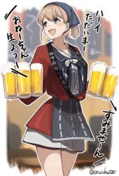 Rule 34 | 1girl, alcohol, alternate costume, beer, blue eyes, blurry, blush, breasts, brown hair, cowboy shot, cup, depth of field, hair between eyes, intrepid (kancolle), japanese clothes, kantai collection, kimono, long sleeves, medium breasts, mug, neckerchief, one-hour drawing challenge, open mouth, smile, solo, standing, translation request, twitter username, yamashichi (mtseven)