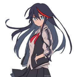 Rule 34 | 1girl, 320 (romsen), alternate hair length, alternate hairstyle, bad id, bad twitter id, black hair, black jacket, black skirt, blouse, blue eyes, closed mouth, collared shirt, commentary request, cowboy shot, frown, hands in pockets, jacket, kill la kill, letterman jacket, long hair, looking at viewer, matoi ryuuko, miniskirt, multicolored hair, neck ribbon, open clothes, open jacket, pleated skirt, red hair, red ribbon, ribbon, shirt, simple background, skirt, solo, standing, streaked hair, twitter username, two-tone hair, white background, white shirt, wind