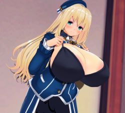 Rule 34 | 1girl, 3d, atago (kancolle), blonde hair, blue eyes, blush, brassiere, breasts, cleavage, hat, huge breasts, kantai collection, long hair, looking at viewer, smile, solo