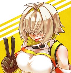 Rule 34 | 1girl, ahoge, ayame hashinimasen, bare shoulders, black gloves, blonde hair, breasts, cleavage, closed mouth, clothing cutout, commentary request, covered eyes, elegg (nikke), facing viewer, fang, gloves, goddess of victory: nikke, hair flaps, hair intakes, hair over eyes, hand up, high collar, jacket, large breasts, long bangs, shoulder cutout, simple background, smile, solo, tongue, tongue out, v, white jacket, yellow background