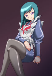 Rule 34 | 00s, 1girl, apron, crossed legs, gradient background, green hair, hirorin, long hair, looking at viewer, my-otome, pantyhose, purple eyes, simple background, sitting, solo, tomoe marguerite