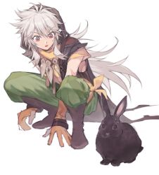 Rule 34 | 1boy, animal, bandaged arm, bandages, boots, facial scar, full body, genshin impact, gloves, green pants, grey hair, hood, hood up, long hair, male focus, open mouth, orange gloves, pants, partially fingerless gloves, rabbit, razor (genshin impact), razor is cute, red eyes, scar, scar on arm, scar on cheek, scar on face, simple background, sparkle, sweat, white background
