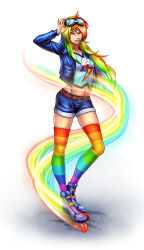 Rule 34 | 1girl, breasts, female focus, full body, goggles, grin, highres, inline skates, jacket, long hair, looking at viewer, multicolored hair, my little pony, my little pony: friendship is magic, navel, personification, rainbow dash, rainbow hair, roller skates, shorts, skates, smile, smirk, solo, standing, striped clothes, striped thighhighs, thighhighs, zhen long