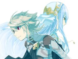 Rule 34 | 1boy, 1girl, aisutabetao, armor, azura (fire emblem), back-to-back, bad id, bad pixiv id, blue hair, cape, corrin (fire emblem), corrin (male) (fire emblem), corrin (male) (fire emblem), dress, fire emblem, fire emblem fates, from side, full body, hair between eyes, hairband, jewelry, long hair, necklace, nintendo, pointy ears, red eyes, short hair, simple background, veil, very long hair, white background, yellow eyes