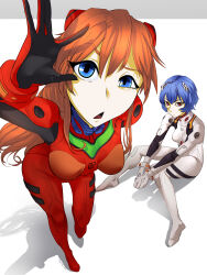 Rule 34 | 2boys, :&lt;, ass, ayanami rei, b374ever, blue eyes, blue hair, bodysuit, breasts, brown hair, curvy, expressionless, foreshortening, long hair, looking at viewer, multiple boys, neon genesis evangelion, plugsuit, reaching, reaching towards viewer, red bodysuit, red eyes, shiny clothes, short hair, simple background, sitting, skin tight, solo, souryuu asuka langley, standing, tsundere, two side up, white bodysuit, wide hips