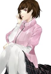 Rule 34 | 1girl, arm up, braid, breasts, brown hair, cosplay, costume switch, crown braid, hand on own face, highres, lips, long sleeves, looking at viewer, medium breasts, niijima makoto, pantyhose, parted lips, persona, persona 5, pertex 777, pink sweater, plaid, plaid skirt, red eyes, short hair, simple background, sitting, skirt, solo, sweater, white background, white pantyhose, zipper