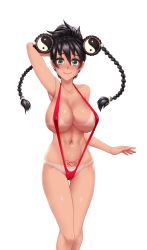 Rule 34 | 1girl, ar tonelico, areola slip, arm behind head, arm up, armpits, bikini tan, black hair, blush, braid, breasts, cleavage, collarbone, commentary, commission, covered erect nipples, cowboy shot, english commentary, gluteal fold, green eyes, hair between eyes, hair ornament, heart, heart tattoo, highres, large breasts, long hair, looking at viewer, misha arsellec lune, navel, one-piece swimsuit, pubic tattoo, red one-piece swimsuit, red slingshot swimsuit, simple background, slingshot swimsuit, smile, solo, swimsuit, tan, tanline, tattoo, thigh gap, twin braids, twrlare, white background, yin yang