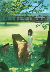 1girl black_hair blue_sky branch chair dappled_sunlight day dress full_body grass highres instrument medium_hair music original outdoors piano piano_bench playing_instrument playing_piano scenery sky standing sunlight taizo_(taizo_03) tire tree white_dress