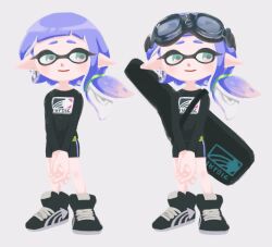 Rule 34 | 1girl, bike shorts, full body, goggles, goggles on head, inkling, inkling girl, inkling player character, long hair, long sleeves, looking at viewer, memi (gamemix), multiple views, nintendo, open mouth, pointy ears, purple hair, shirt, shorts, simple background, smile, solo, splatoon (series), standing, white background