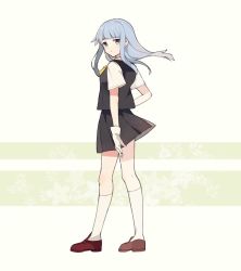 Rule 34 | 1girl, ascot, black skirt, black vest, blouse, blue eyes, blue hair, blunt bangs, brown footwear, commentary request, from side, full body, gloves, hatsukaze (kancolle), hime cut, kantai collection, kneehighs, loafers, long hair, looking at viewer, pleated skirt, school uniform, shakemi (sake mgmgmg), shirt, shoes, short sleeves, simple background, skirt, socks, solo, vest, white background, white gloves, white shirt, white socks, yellow ascot