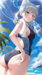 Rule 34 | 1girl, absurdres, animal ear fluff, animal ears, ass, beach, blue archive, blue eyes, blue sky, bottle, breasts, cloud, day, dutch angle, extra ears, grey hair, halo, highres, holding, holding bottle, looking back, m0 0m c, medium breasts, mismatched pupils, official alternate costume, one-piece swimsuit, outdoors, ponytail, shiroko (blue archive), shiroko (swimsuit) (blue archive), sky, solo, swimsuit, towel, towel around neck, water bottle, wet, wolf ears