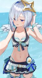 Rule 34 | 1girl, absurdres, amane kanata, belt, bikini, bikini skirt, black skirt, blue bikini, blue eyes, blue hair, blue sky, breasts, colored inner hair, commentary request, feathered wings, grey hair, halo, halterneck, hand up, highleg, highleg bikini, highres, hololive, hololive summer 2023 swimsuit, looking to the side, mini wings, miyononon, multicolored hair, navel, ocean, official alternate costume, open mouth, pink hair, short hair, skirt, sky, small breasts, solo, standing, star halo, streaked hair, striped bikini, striped clothes, swimsuit, virtual youtuber, wading, white belt, wings, wristband, yellow halo