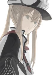 Rule 34 | 1girl, anchor, blonde hair, breasts, capelet, celtic knot, closed mouth, cross, epitaph (1122), graf zeppelin (kancolle), grey eyes, hair between eyes, hair over shoulder, hat, highres, iron cross, kantai collection, looking at viewer, military, military hat, necktie, peaked cap, shaded face, sidelocks, simple background, solo, twintails, upper body, white background