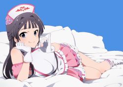 Rule 34 | 10s, 1girl, :q, arm support, black hair, blue eyes, blush, come hither, commentary request, fellatio gesture, gloves, hat, idolmaster, idolmaster million live!, long hair, looking at viewer, lying, mogami shizuka, nanakura nanane, naughty face, nurse, nurse cap, on side, smile, solo, tongue, tongue out, white gloves