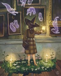 Rule 34 | 1girl, bag, black bag, black hair, candle, cat, fairy ring, fire, fire, ghost, grass, hat, highres, long sleeves, moon, mushroom, original, painting (object), plaid, plaid skirt, plant, simz, skirt, sweater, wand, witch, witch hat, wooden floor