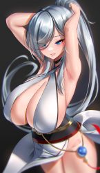 Rule 34 | 1girl, anima (togashi), armpits, arms behind head, arms up, black choker, blue eyes, breasts, choker, cleavage, commentary request, commission, covered erect nipples, cowboy shot, criss-cross halter, dress, eyes visible through hair, gradient background, groin, halterneck, highres, huge breasts, long hair, looking at viewer, mole, mole on breast, mole under eye, obi, original, parted lips, ponytail, sash, simple background, solo, standing, thighs, very long hair, white dress
