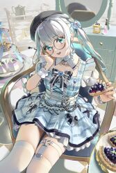 Rule 34 | 1girl, absurdres, asymmetrical legwear, beret, blue dress, blue eyes, blue hair, blush, bottle, braid, cake, commentary, dress, food, fork, glasses, hat, highres, holding, holding food, holding fork, kaga sumire, mirror, mole, mole under eye, multicolored hair, open mouth, perfume bottle, pie, plaid, plaid dress, rasa k, round eyewear, short dress, smile, solo, symbol-only commentary, thigh strap, thighhighs, tiered tray, tile floor, tiles, twintails, two-tone hair, virtual youtuber, vspo!, white hair, white thighhighs