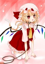 Rule 34 | 1girl, all fours, animal ears, ascending, bad id, bad pixiv id, blonde hair, cat ears, cat tail, collar, flandre scarlet, hat, hat ribbon, kemonomimi mode, koyashaka, leash, looking at viewer, mob cap, open mouth, paw print, red eyes, ribbon, shirt, skirt, skirt set, solo, tail, touhou, vest, wings