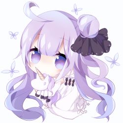 Rule 34 | 1girl, ahoge, azur lane, bare shoulders, black bow, black ribbon, bow, chibi, closed mouth, commentary request, detached sleeves, diort, dress, full body, hair between eyes, hair bun, hair ribbon, hugging object, long hair, long sleeves, looking at viewer, one side up, purple eyes, purple hair, ribbon, side bun, simple background, single hair bun, single side bun, solo, strapless, strapless dress, stuffed animal, stuffed toy, stuffed unicorn, stuffed winged unicorn, unicorn (azur lane), very long hair, white background, white dress
