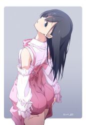 Rule 34 | 1girl, black hair, blue eyes, commentary request, dated, detached sleeves, from behind, gradient background, grey background, highres, long hair, looking at viewer, looking back, monai-chan (nii manabu), nii manabu, original, overalls, pink overalls, shirt, signature, solo, thighs, two-tone background, white background, white shirt, white sleeves