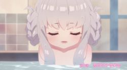 Rule 34 | 1girl, animated, animated gif, anime screenshot, bath, bathing, bathroom, braid, breasts, closed eyes, collarbone, completely nude, grey hair, interior, lowres, nude, partially submerged, prima doll, red eyes, retzel (prima doll), sidelocks, small breasts, solo, twin braids, water