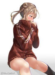 Rule 34 | 1girl, alternate costume, bad id, bad pixiv id, black socks, blush, commentary request, double bun, gradient background, hair bun, jacket, juurouta, kantai collection, light brown hair, long hair, long sleeves, looking at viewer, michishio (kancolle), michishio kai ni (kancolle), no pants, short twintails, sitting, socks, solo, sportswear, twintails, twitter username