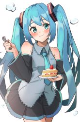 Rule 34 | 1girl, absurdres, bare shoulders, black skirt, black sleeves, blue eyes, blue hair, blue necktie, blush, breasts, cake, cake slice, closed mouth, collared shirt, commentary request, cowboy shot, detached sleeves, food, fork, fruit, grey shirt, hair ornament, hatsune miku, head tilt, highres, holding, holding fork, holding plate, huge filesize, long hair, long sleeves, looking at viewer, necktie, plate, pleated skirt, shirt, simple background, skirt, sleeveless, sleeveless shirt, small breasts, smile, solo, strawberry, strawberry shortcake, twintails, very long hair, vocaloid, white background, wide sleeves, yudetama
