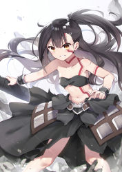 Rule 34 | 1girl, absurdres, armor, bandeau, bare shoulders, black hair, blush, body markings, bracelet, breasts, brown eyes, collarbone, cosplay, fate/kaleid liner prisma illya, fate (series), faulds, greatsword, hair ornament, hairclip, heracles (fate), heracles (fate) (cosplay), highres, jewelry, long hair, looking at viewer, miyu edelfelt, navel, ponytail, small breasts, solo, sword, taro (ultrataro), thighs