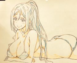 Rule 34 | 10s, 1girl, ass, bikini, blue hair, blush, breasts, cleavage, collarbone, color trace, commentary request, graphite (medium), highres, kotokoto (jumon), large breasts, long hair, looking at viewer, love live!, love live! sunshine!!, lying, matsuura kanan, navel, on stomach, ponytail, smile, solo, strap slip, swimsuit, traditional media