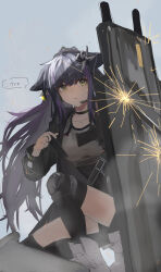 Rule 34 | 1girl, absurdres, animal ears, arknights, black choker, black hair, black jacket, black shorts, black thighhighs, boots, breasts, cat ears, choker, closed mouth, collarbone, grey shirt, gun, hetare galm sue, highres, holding, jacket, jessica (arknights), knee pads, long hair, long sleeves, magazine (weapon), medium breasts, multicolored hair, on one knee, open clothes, open jacket, ponytail, puffy long sleeves, puffy sleeves, purple hair, riot shield, shield, shirt, short shorts, shorts, solo, sparks, streaked hair, thighhighs, thighhighs under boots, translation request, very long hair, weapon, white footwear, yellow eyes