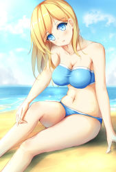 Rule 34 | 1girl, absurdres, arm support, bare arms, bare legs, bare shoulders, beach, bikini, blonde hair, blue bikini, blue eyes, blush, breasts, cleavage, cloud, collarbone, day, female focus, head tilt, highres, knee up, large breasts, legs, long hair, looking at viewer, navel, ocean, outdoors, parted lips, rodney (warship girls r), sand, sitting, sketch, sky, solo, strapless, strapless bikini, swimsuit, walding, warship girls r