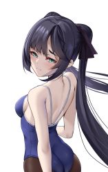 Rule 34 | 1girl, ass, asymmetrical bangs, black hair, black pantyhose, black ribbon, blue one-piece swimsuit, blush, breasts, from side, frown, genshin impact, green eyes, hair ribbon, half-closed eyes, highleg, highleg swimsuit, highres, long hair, looking at viewer, matrix16, mona (genshin impact), one-piece swimsuit, pantyhose, pantyhose under swimsuit, ribbon, school swimsuit, sideboob, simple background, small breasts, solo, swimsuit, twintails, white background